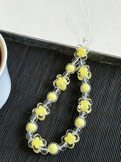 Transparent Beaded Four-Petal Flower Short Phone Lanyard, Fashionable Versatile Universal Phone Hanging Chain, Outdoor Anti-Loss Phone Chain, Suitable For CCD Camera Hanging Chain, Earphone Case Lanya
