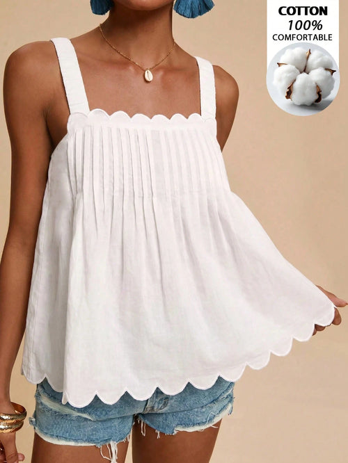 Travachic Solid Color Sleeveless Women's Square Neck Shell Edge Summer Loose Tank Top Camisole Vacation All White Elegant Boho Tropical Beach Vacation