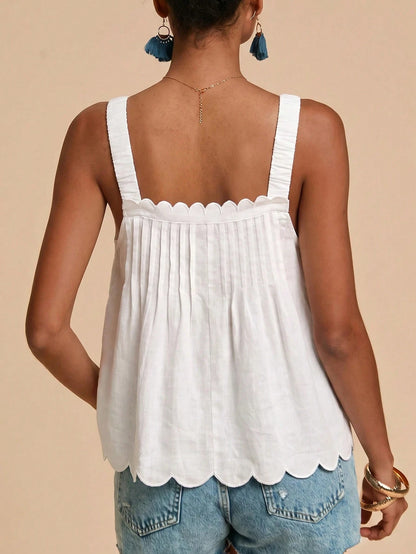 Travachic Solid Color Sleeveless Women's Square Neck Shell Edge Summer Loose Tank Top Camisole Vacation All White Elegant Boho Tropical Beach Vacation