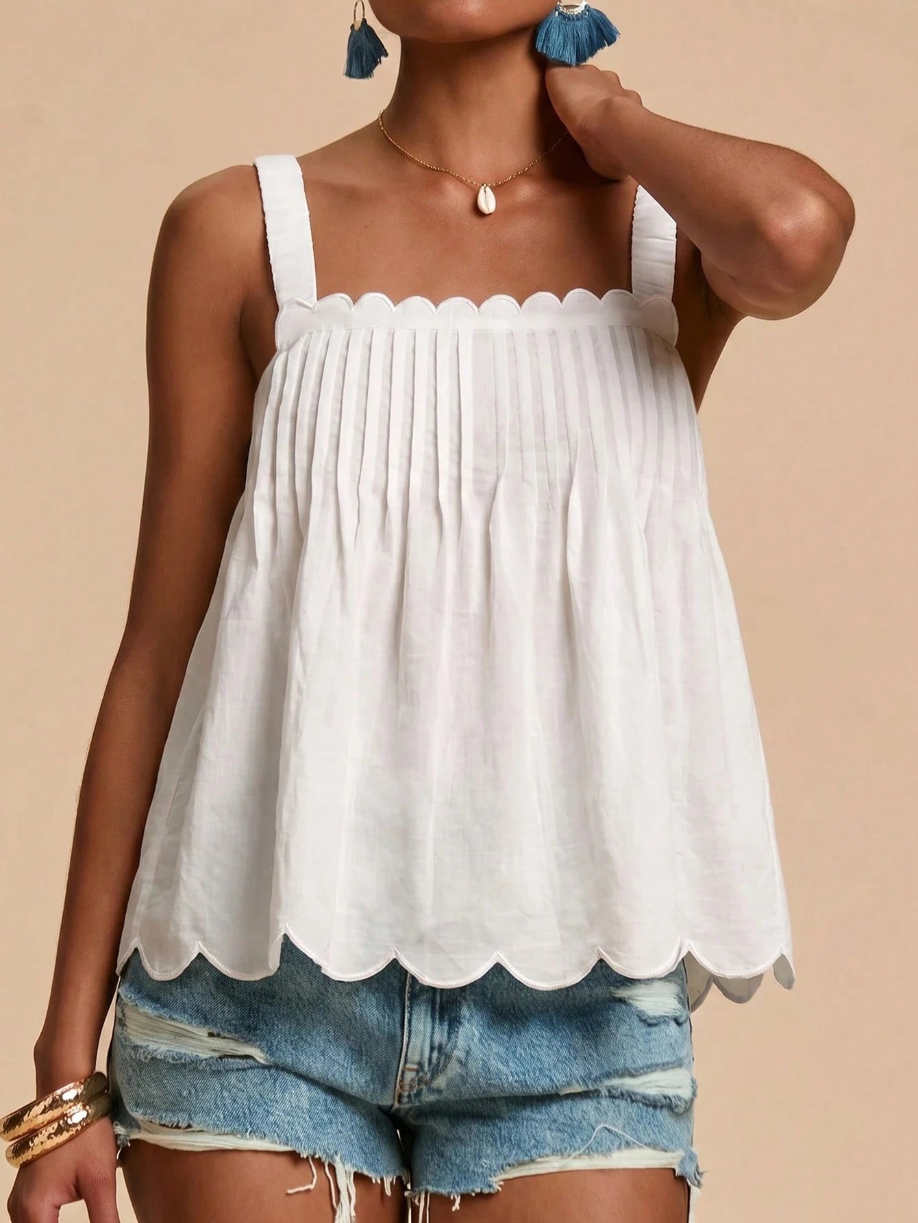 Travachic Solid Color Sleeveless Women's Square Neck Shell Edge Summer Loose Tank Top Camisole Vacation All White Elegant Boho Tropical Beach Vacation