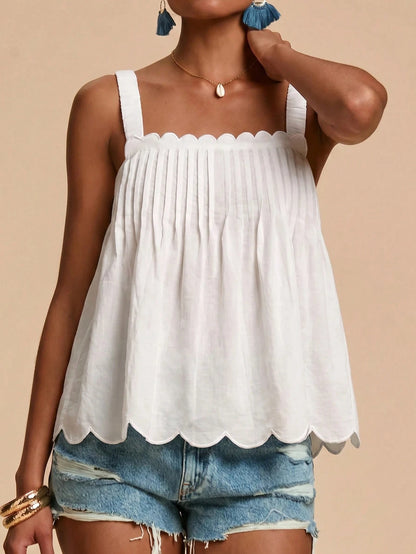 Travachic Solid Color Sleeveless Women's Square Neck Shell Edge Summer Loose Tank Top Camisole Vacation All White Elegant Boho Tropical Beach Vacation