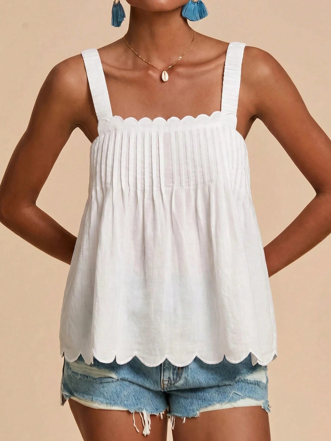Travachic Solid Color Sleeveless Women's Square Neck Shell Edge Summer Loose Tank Top Camisole Vacation All White Elegant Boho Tropical Beach Vacation