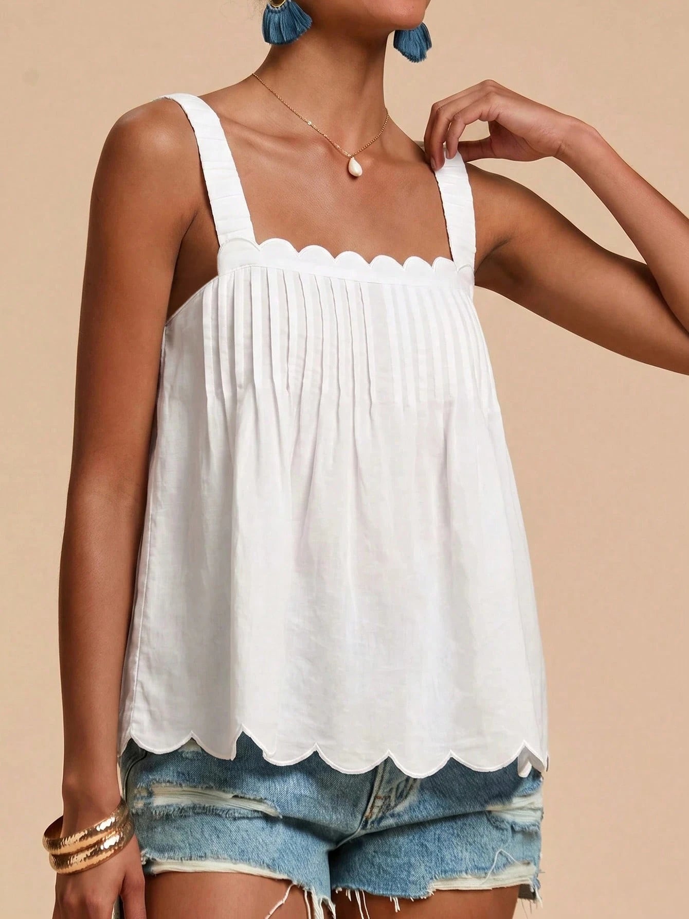 Travachic Solid Color Sleeveless Women's Square Neck Shell Edge Summer Loose Tank Top Camisole Vacation All White Elegant Boho Tropical Beach Vacation