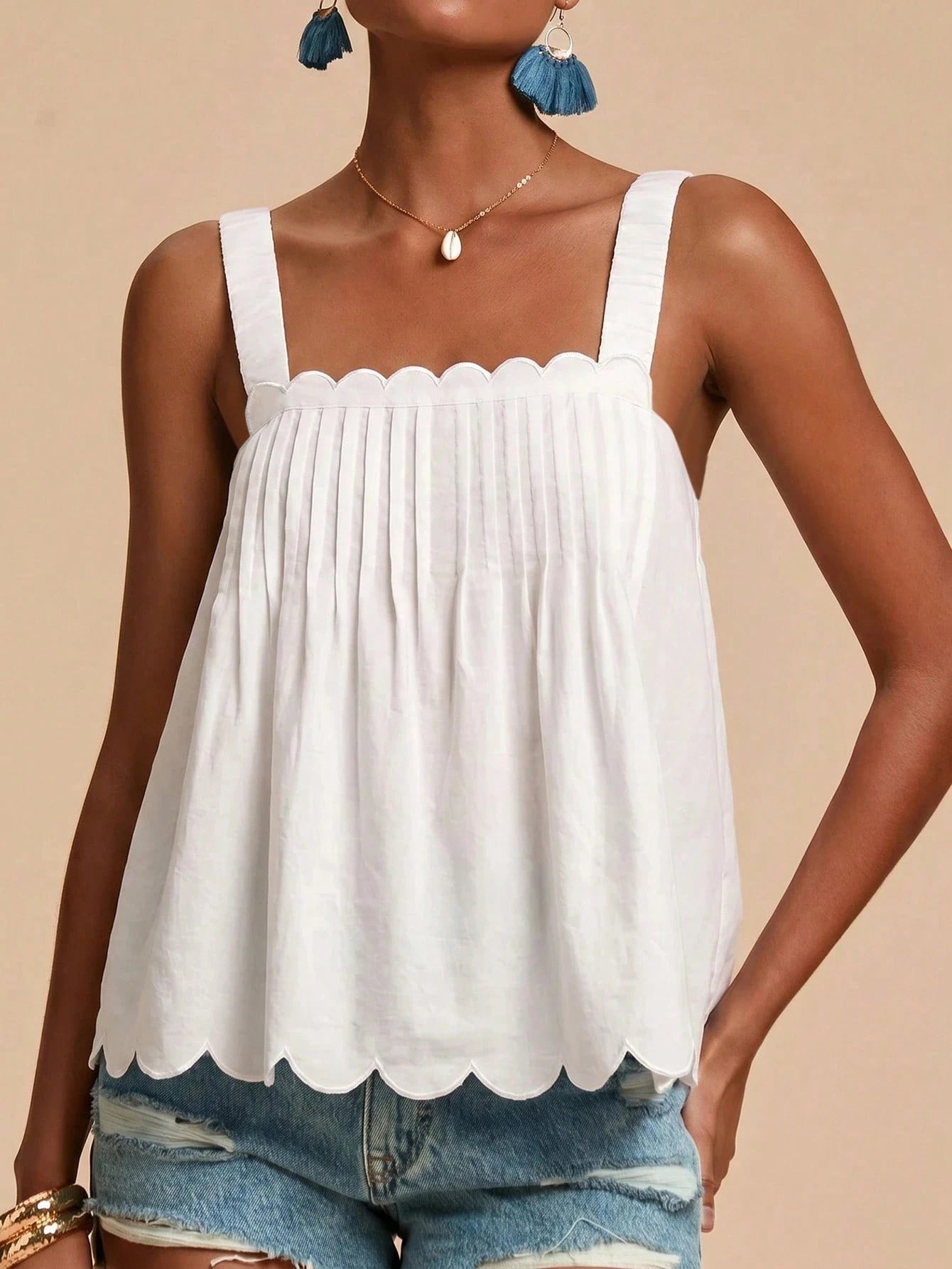 Travachic Solid Color Sleeveless Women's Square Neck Shell Edge Summer Loose Tank Top Camisole Vacation All White Elegant Boho Tropical Beach Vacation