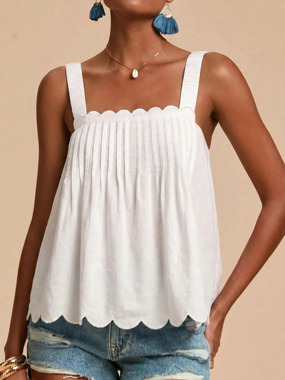 Travachic Solid Color Sleeveless Women's Square Neck Shell Edge Summer Loose Tank Top Camisole Vacation All White Elegant Boho Tropical Beach Vacation