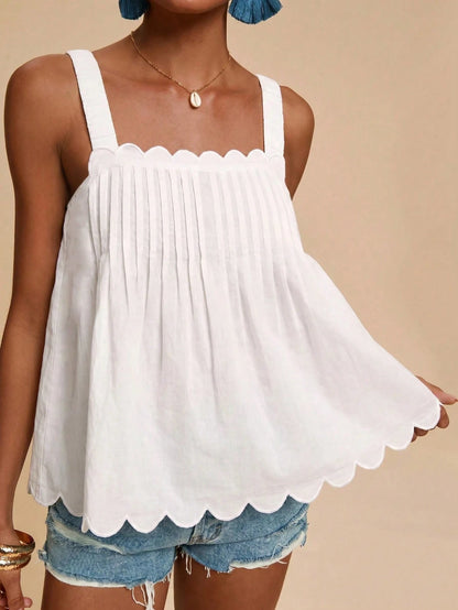 Travachic Solid Color Sleeveless Women's Square Neck Shell Edge Summer Loose Tank Top Camisole Vacation All White Elegant Boho Tropical Beach Vacation