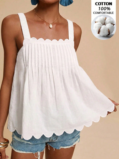 Travachic Solid Color Sleeveless Women's Square Neck Shell Edge Summer Loose Tank Top Camisole Vacation All White Elegant Boho Tropical Beach Vacation