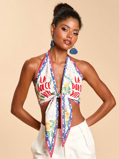Travachic Women's Backless Halter Neck Floral Letter Print Top, White Summer Casual Sexy Tropical Holiday Vacation, Coastal Chic Elegant Boho Ibiza Beach Party