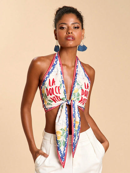 Travachic Women's Backless Halter Neck Floral Letter Print Top, White Summer Casual Sexy Tropical Holiday Vacation, Coastal Chic Elegant Boho Ibiza Beach Party