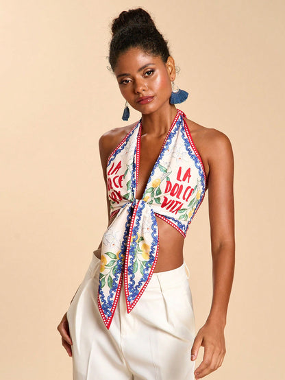 Travachic Women's Backless Halter Neck Floral Letter Print Top, White Summer Casual Sexy Tropical Holiday Vacation, Coastal Chic Elegant Boho Ibiza Beach Party