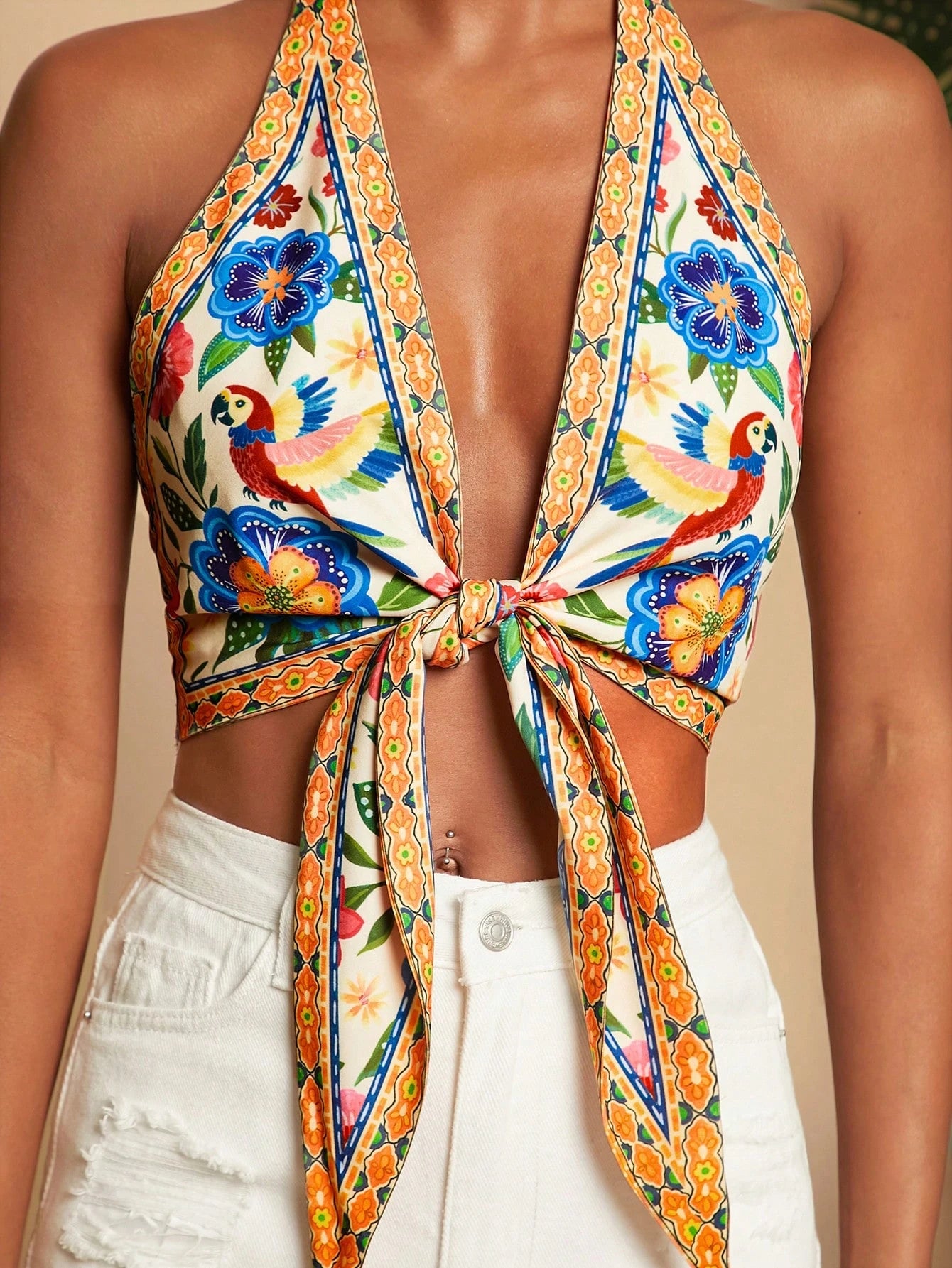 Travachic Women's Backless Halter Neck Floral Letter Print Top, White Summer Casual Sexy Tropical Holiday Vacation, Coastal Chic Elegant Boho Ibiza Beach Party