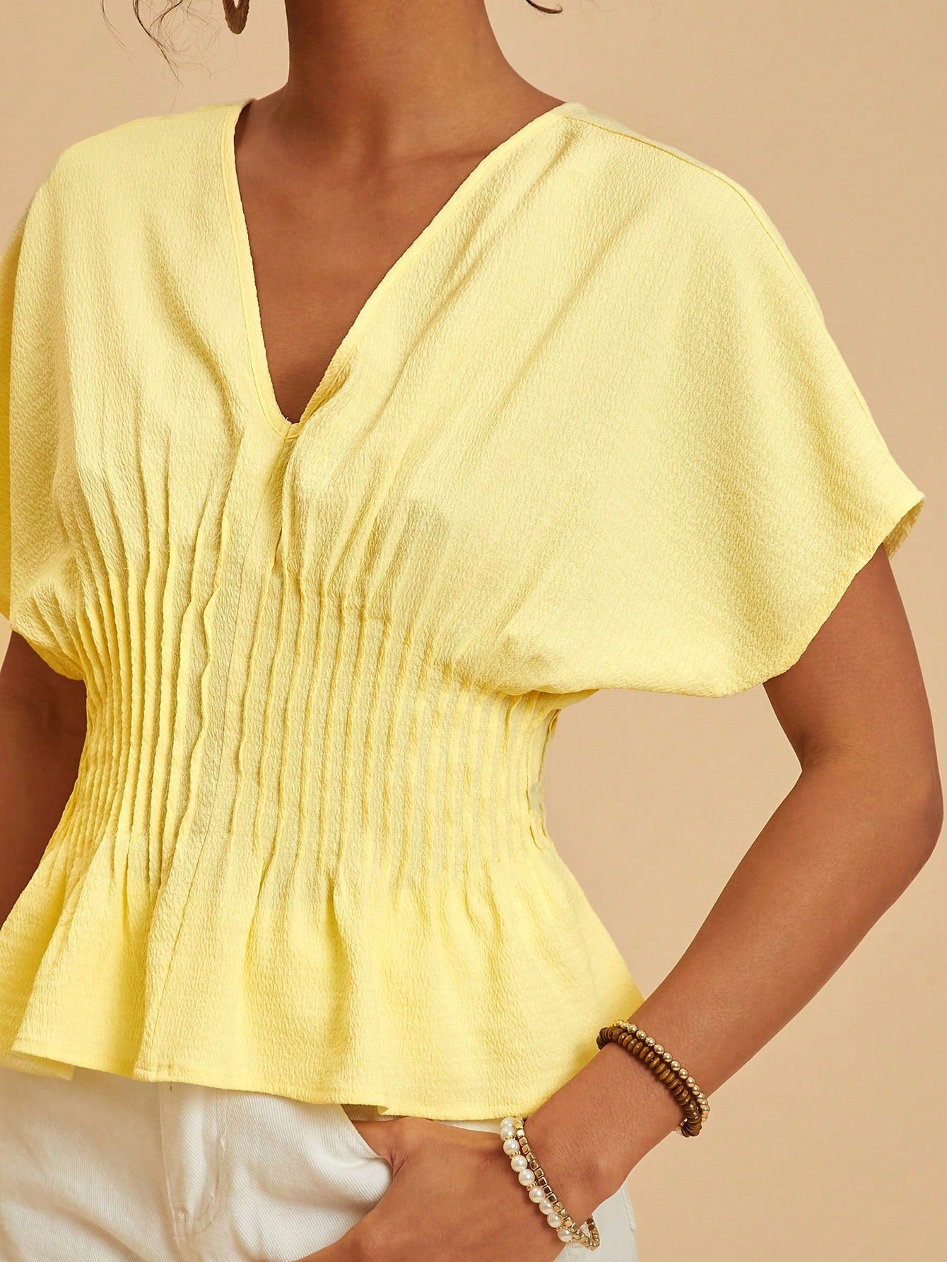 Travachic Women's Elegant Romantic Pale Yellow Summer Top,Batwing Sleeve Cinched Waist Casual Solid Color Outfits For Vacation,Party,Wedding Guest,Festival Work