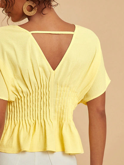 Travachic Women's Elegant Romantic Pale Yellow Summer Top,Batwing Sleeve Cinched Waist Casual Solid Color Outfits For Vacation,Party,Wedding Guest,Festival Work