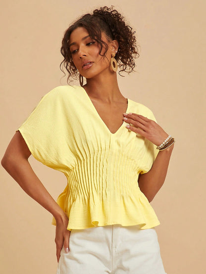 Travachic Women's Elegant Romantic Pale Yellow Summer Top,Batwing Sleeve Cinched Waist Casual Solid Color Outfits For Vacation,Party,Wedding Guest,Festival Work