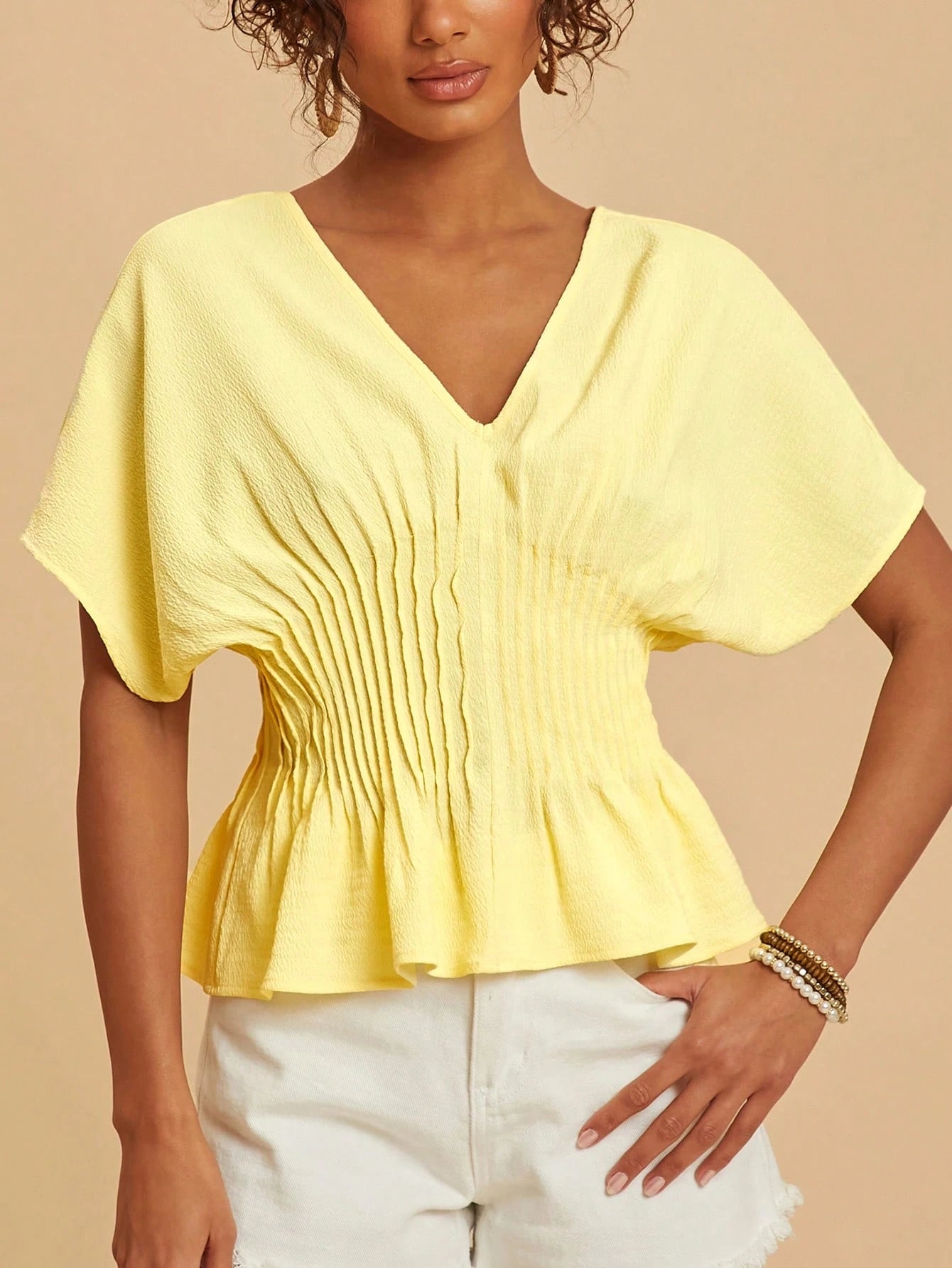 Travachic Women's Elegant Romantic Pale Yellow Summer Top,Batwing Sleeve Cinched Waist Casual Solid Color Outfits For Vacation,Party,Wedding Guest,Festival Work