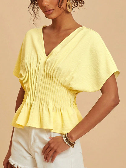 Travachic Women's Elegant Romantic Pale Yellow Summer Top,Batwing Sleeve Cinched Waist Casual Solid Color Outfits For Vacation,Party,Wedding Guest,Festival Work