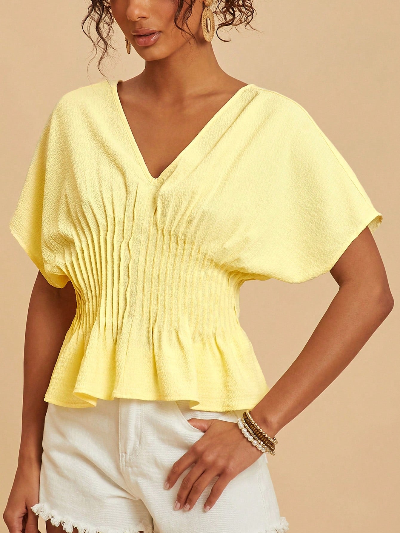 Travachic Women's Elegant Romantic Pale Yellow Summer Top,Batwing Sleeve Cinched Waist Casual Solid Color Outfits For Vacation,Party,Wedding Guest,Festival Work