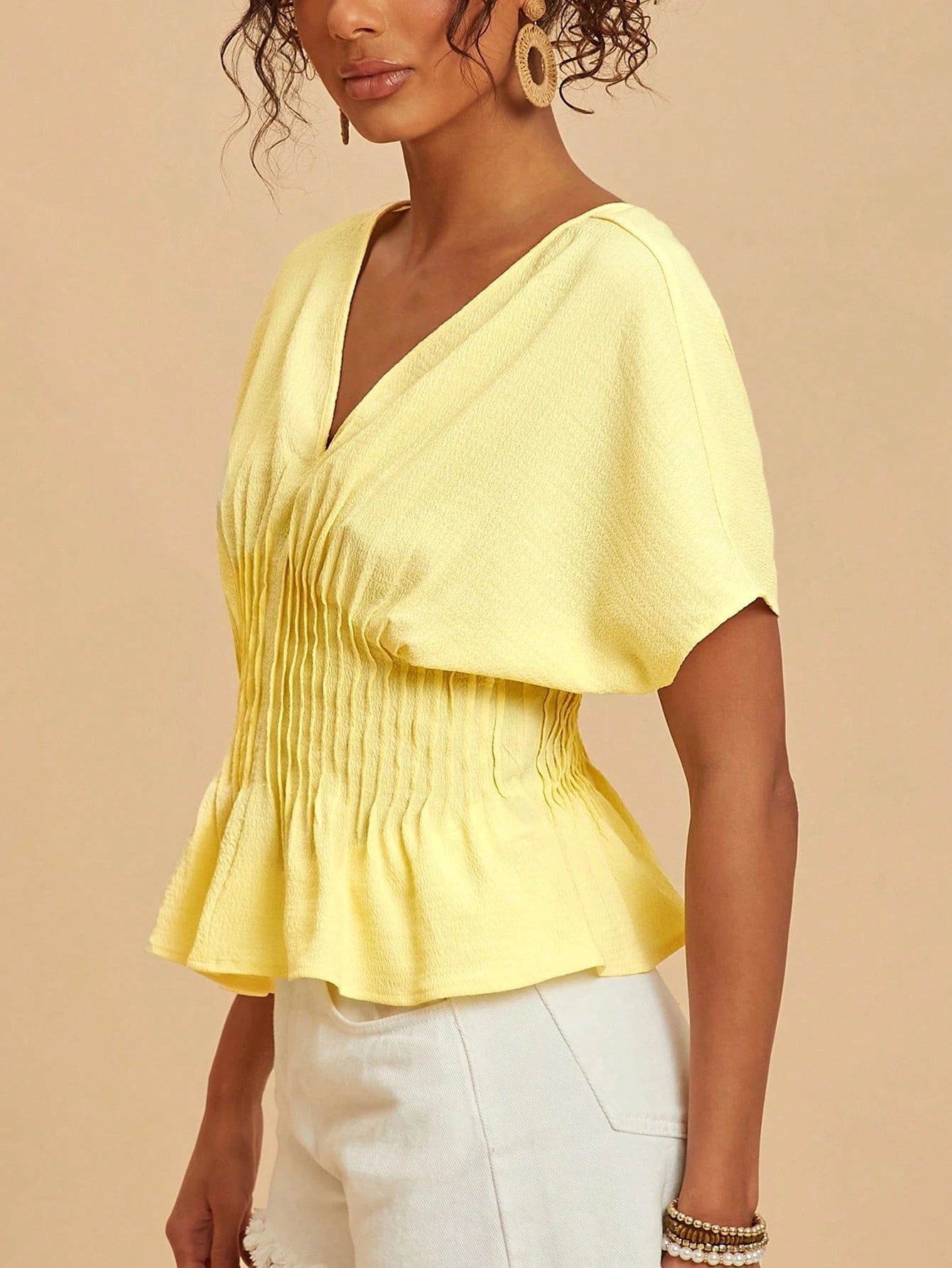 Travachic Women's Elegant Romantic Pale Yellow Summer Top,Batwing Sleeve Cinched Waist Casual Solid Color Outfits For Vacation,Party,Wedding Guest,Festival Work