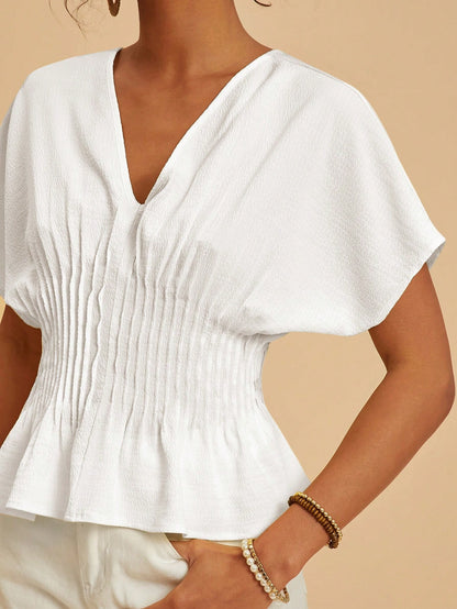 Travachic Women's Elegant Romantic Pale Yellow Summer Top,Batwing Sleeve Cinched Waist Casual Solid Color Outfits For Vacation,Party,Wedding Guest,Festival Work