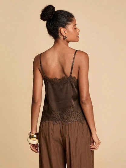Travachic Women's Summer Casual Solid Color Contrast Lace Camisole,Summer Top