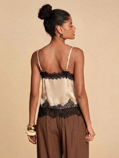 Travachic Women's Summer Casual Solid Color Contrast Lace Camisole,Summer Top