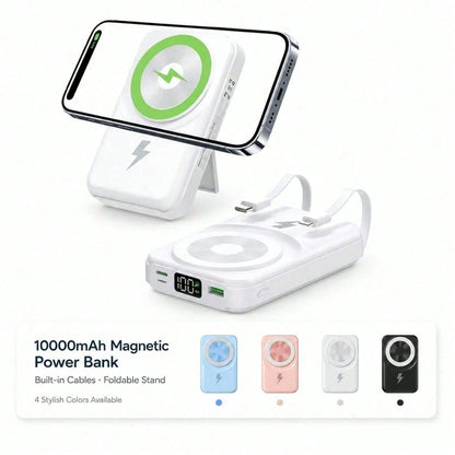 Travel-Ready White 10000mAh Magnetic Battery Pack With 15W Wireless And 22.5W Fast Charging, With Visible Percentage Readout, Raised Green Alignment Circle And Fold-Out Phone Stand, Compatible With IP