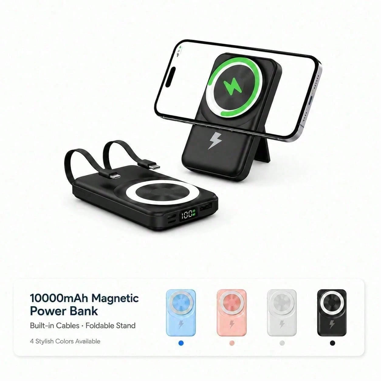 Travel-Ready White 10000mAh Magnetic Battery Pack With 15W Wireless And 22.5W Fast Charging, With Visible Percentage Readout, Raised Green Alignment Circle And Fold-Out Phone Stand, Compatible With IP