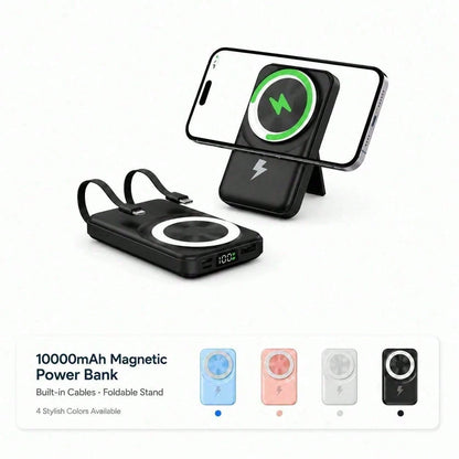 Travel-Ready White 10000mAh Magnetic Battery Pack With 15W Wireless And 22.5W Fast Charging, With Visible Percentage Readout, Raised Green Alignment Circle And Fold-Out Phone Stand, Compatible With IP
