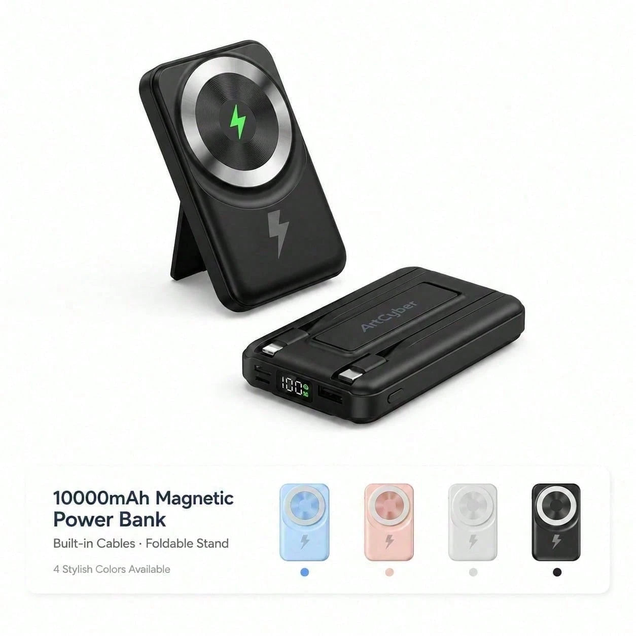 Travel-Ready White 10000mAh Magnetic Battery Pack With 15W Wireless And 22.5W Fast Charging, With Visible Percentage Readout, Raised Green Alignment Circle And Fold-Out Phone Stand, Compatible With IP