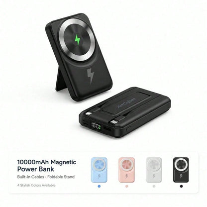Travel-Ready White 10000mAh Magnetic Battery Pack With 15W Wireless And 22.5W Fast Charging, With Visible Percentage Readout, Raised Green Alignment Circle And Fold-Out Phone Stand, Compatible With IP