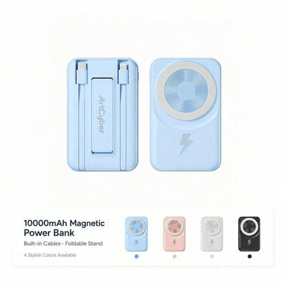 Travel-Ready White 10000mAh Magnetic Battery Pack With 15W Wireless And 22.5W Fast Charging, With Visible Percentage Readout, Raised Green Alignment Circle And Fold-Out Phone Stand, Compatible With IP