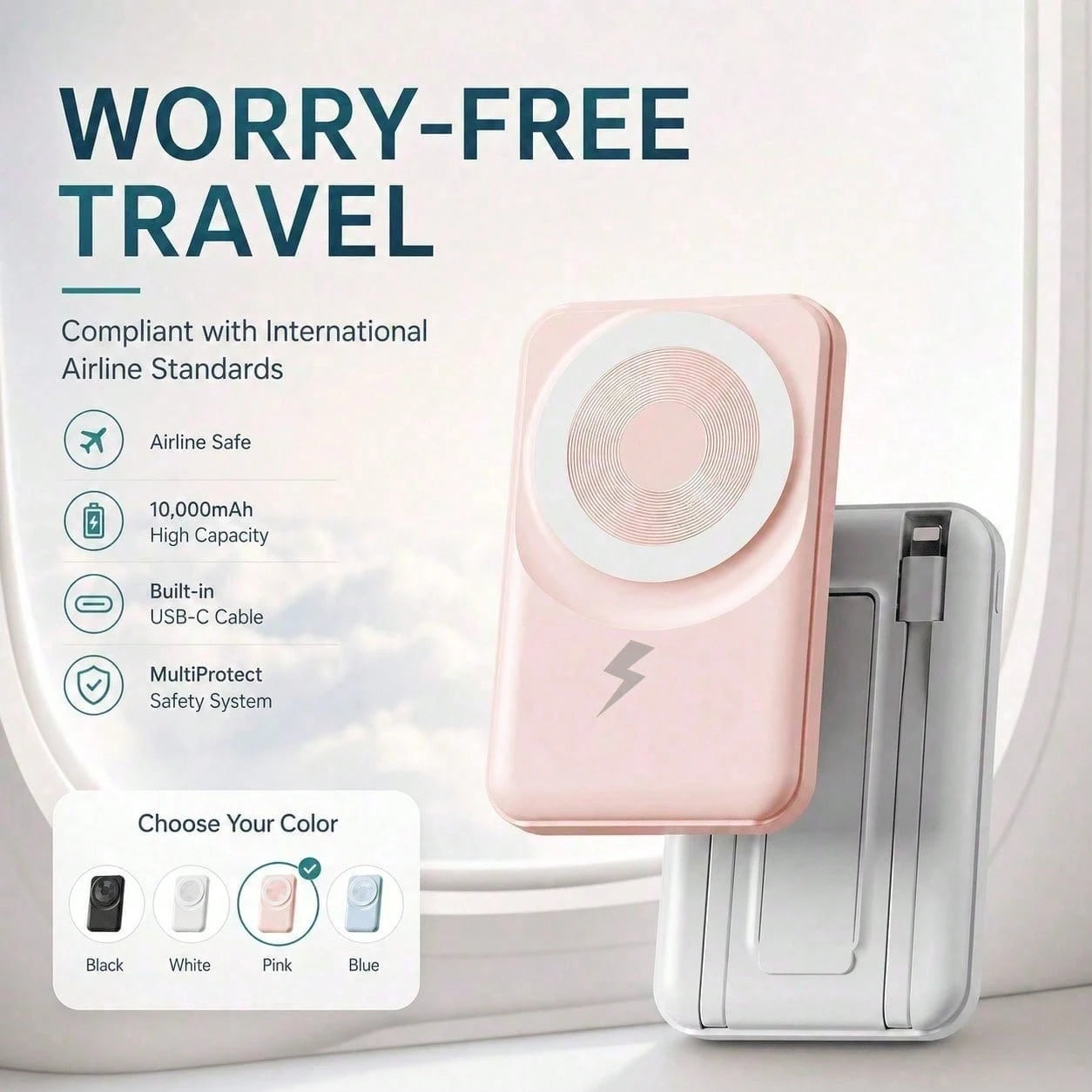 Travel-Ready White 10000mAh Magnetic Battery Pack With 15W Wireless And 22.5W Fast Charging, With Visible Percentage Readout, Raised Green Alignment Circle And Fold-Out Phone Stand, Compatible With IP