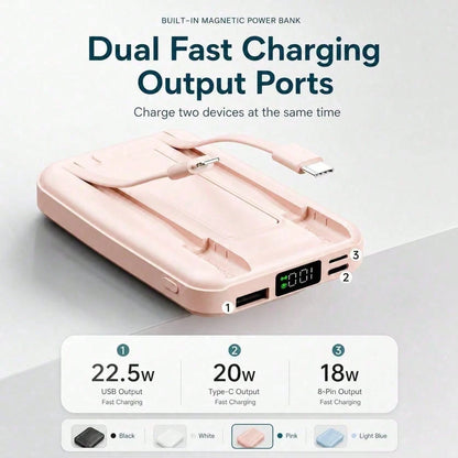 Travel-Ready White 10000mAh Magnetic Battery Pack With 15W Wireless And 22.5W Fast Charging, With Visible Percentage Readout, Raised Green Alignment Circle And Fold-Out Phone Stand, Compatible With IP