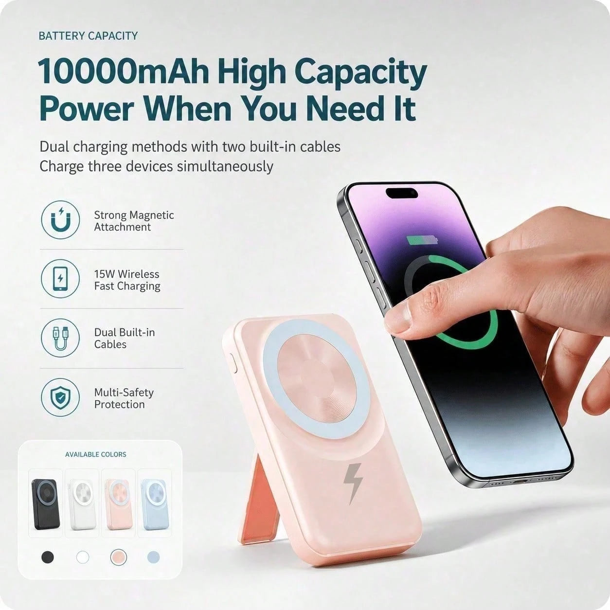 Travel-Ready White 10000mAh Magnetic Battery Pack With 15W Wireless And 22.5W Fast Charging, With Visible Percentage Readout, Raised Green Alignment Circle And Fold-Out Phone Stand, Compatible With IP
