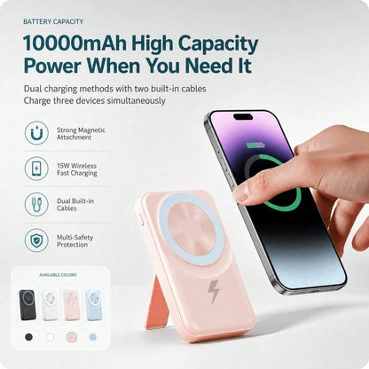 Travel-Ready White 10000mAh Magnetic Battery Pack With 15W Wireless And 22.5W Fast Charging, With Visible Percentage Readout, Raised Green Alignment Circle And Fold-Out Phone Stand, Compatible With IP