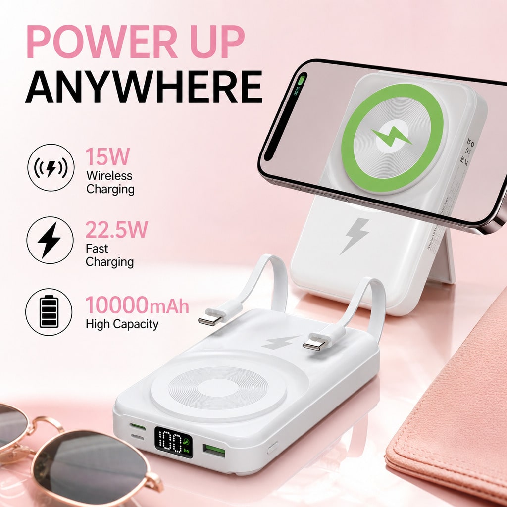 Travel-Ready White 10000mAh Magnetic Battery Pack With 15W Wireless And 22.5W Fast Charging, With Visible Percentage Readout, Raised Green Alignment Circle And Fold-Out Phone Stand, Compatible With IP