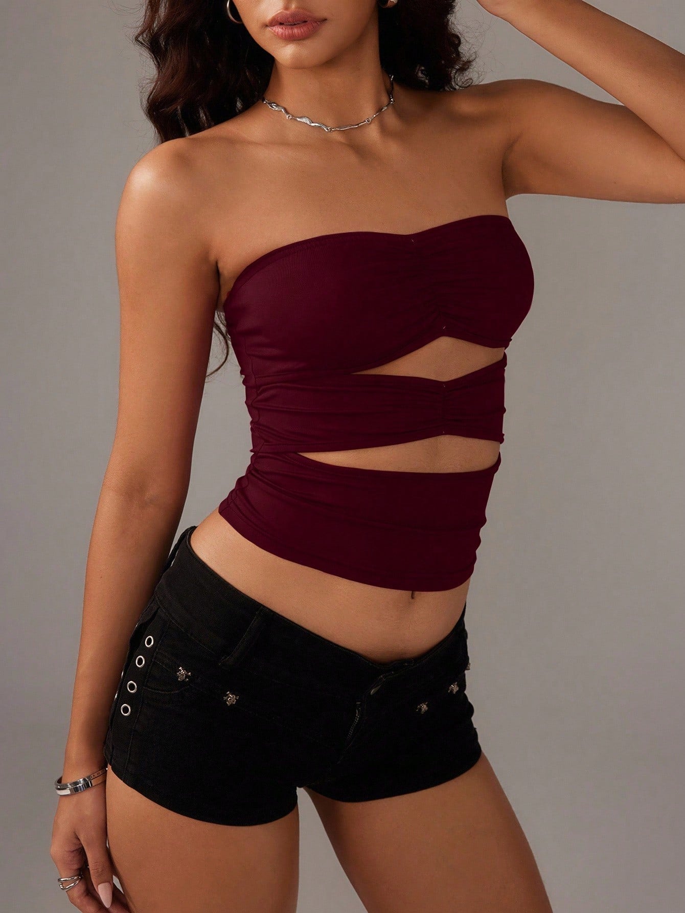 TRNVIE Women's Solid Color Ruched Hollow-Out Cropped Sexy Camisole Top