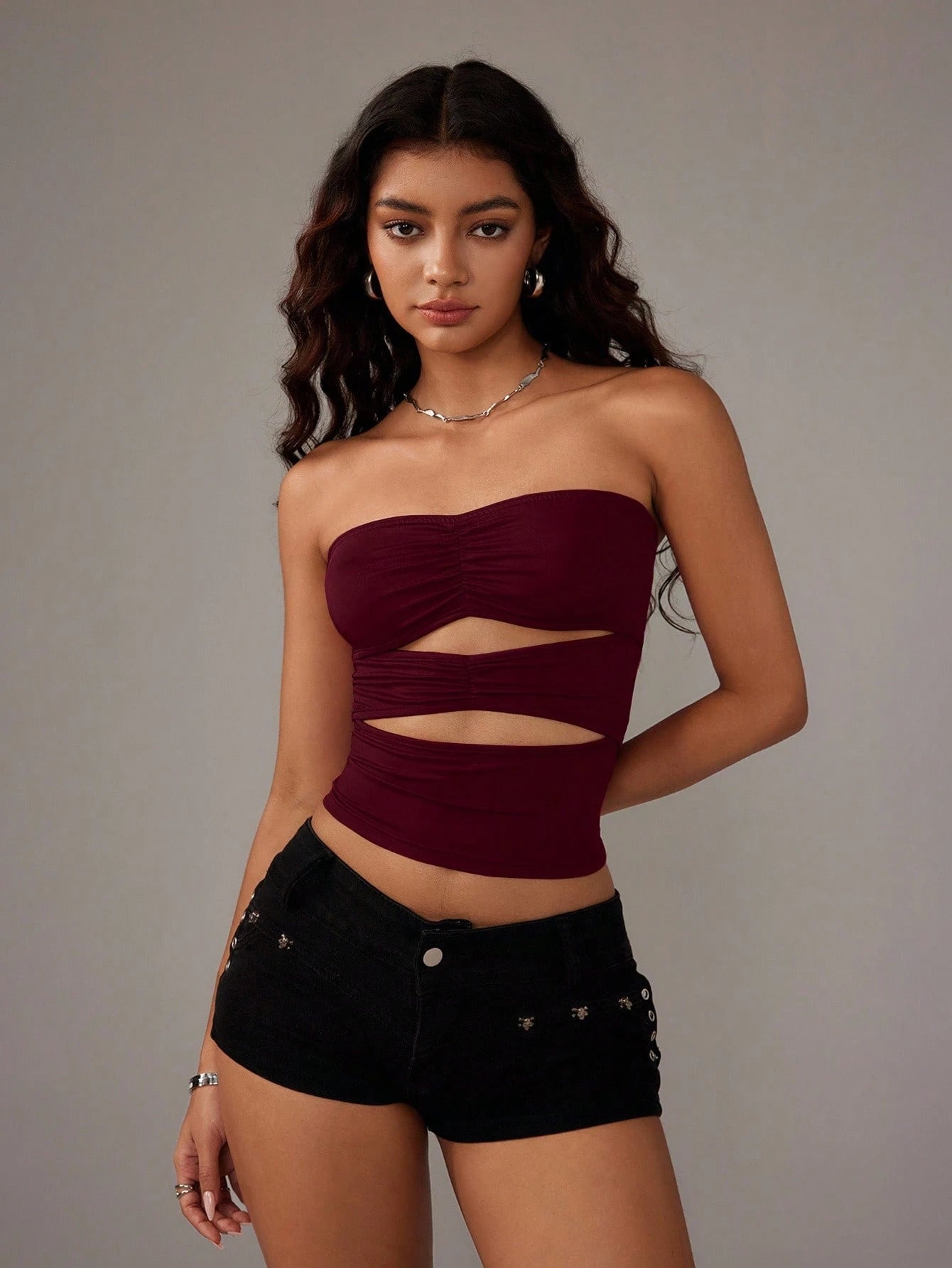 TRNVIE Women's Solid Color Ruched Hollow-Out Cropped Sexy Camisole Top