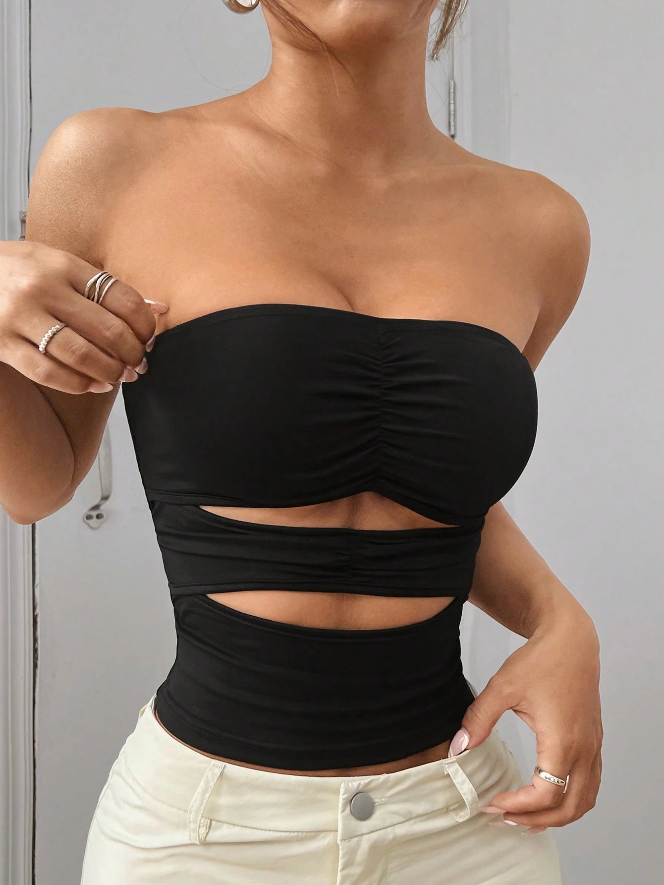 TRNVIE Women's Solid Color Ruched Hollow-Out Cropped Sexy Camisole Top