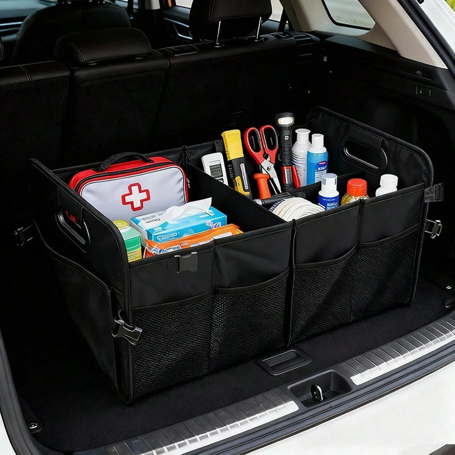 Trunk Organizer- A Foldable Trunk Organizer For SUVs And Sedans, Designed To Keep Your Car Tidy. Sturdy And Durable, It's Perfect For Storing Car Accessories, Tools, And Miscellaneous Items.