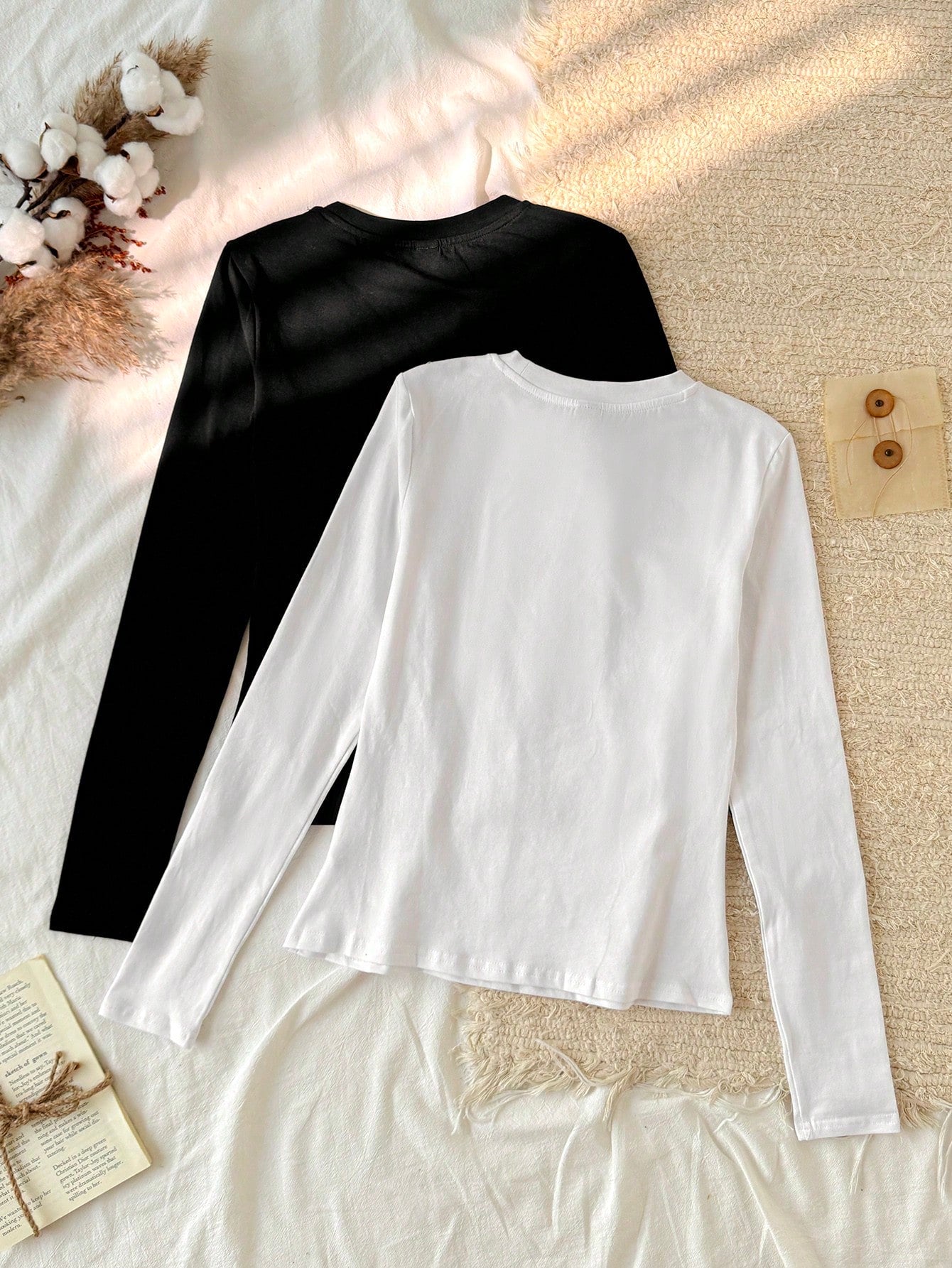 Tseoso 2pcs Black & White Casual Long Sleeve Fitted Long T-Shirt Set, Suitable For Autumn & Winter,Fall Clothes For Women