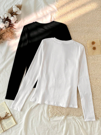 Tseoso 2pcs Black & White Casual Long Sleeve Fitted Long T-Shirt Set, Suitable For Autumn & Winter,Fall Clothes For Women