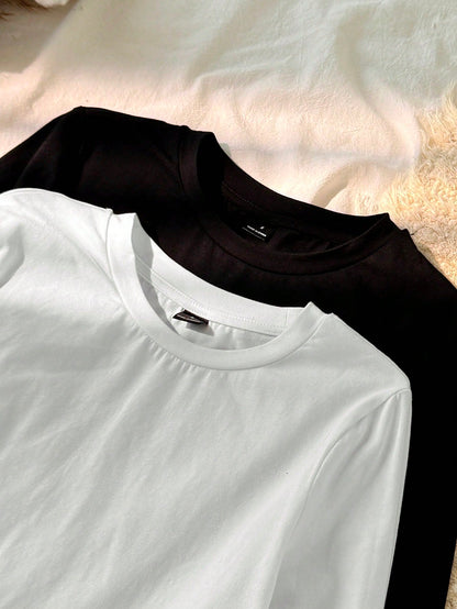 Tseoso 2pcs Black & White Casual Long Sleeve Fitted Long T-Shirt Set, Suitable For Autumn & Winter,Fall Clothes For Women