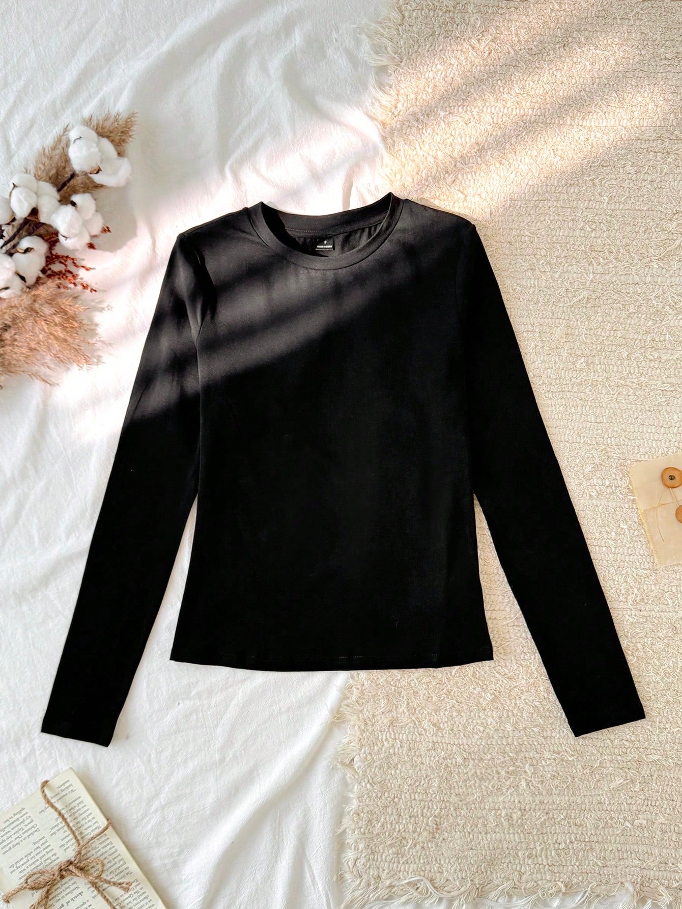 Tseoso 2pcs Black & White Casual Long Sleeve Fitted Long T-Shirt Set, Suitable For Autumn & Winter,Fall Clothes For Women