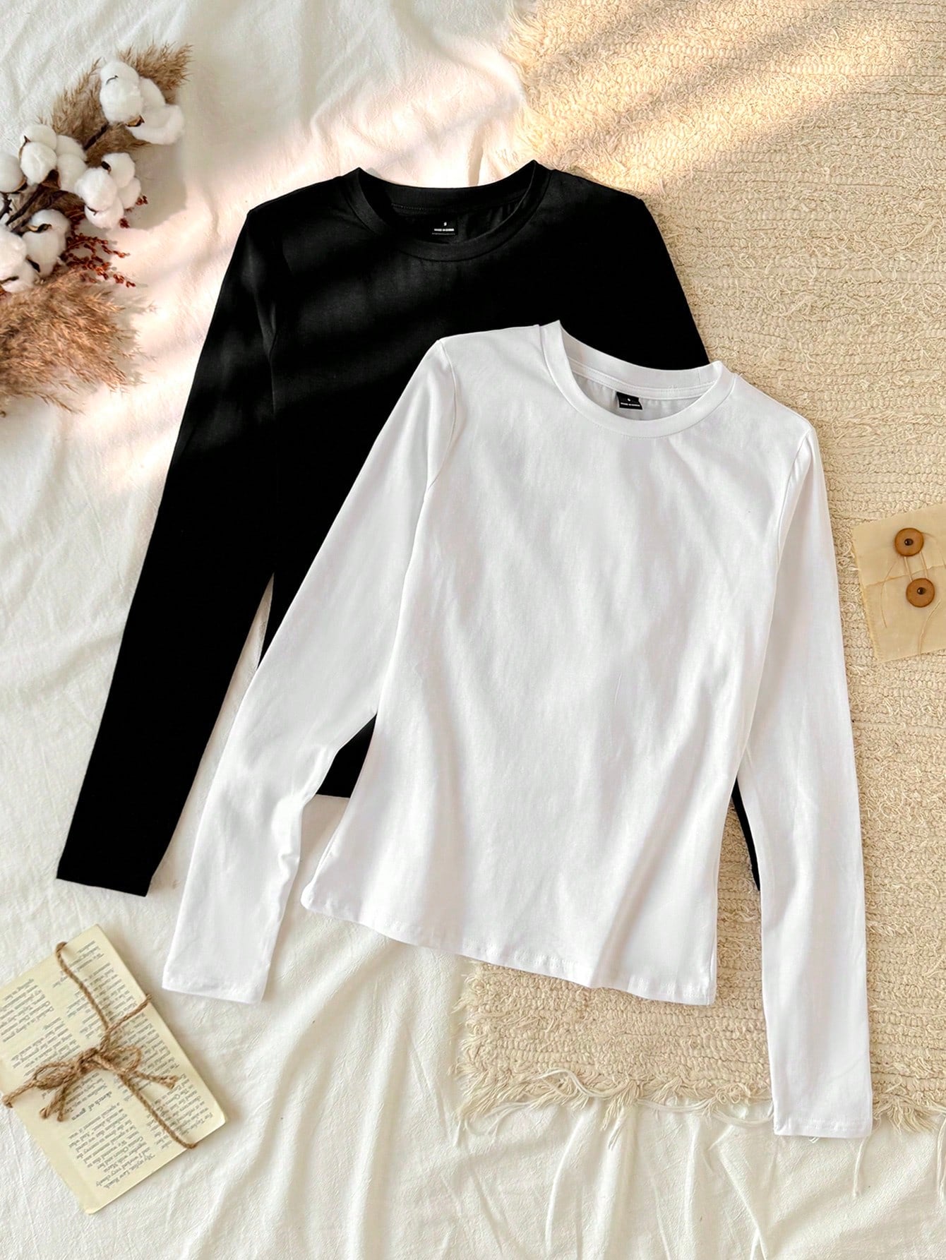 Tseoso 2pcs Black & White Casual Long Sleeve Fitted Long T-Shirt Set, Suitable For Autumn & Winter,Fall Clothes For Women