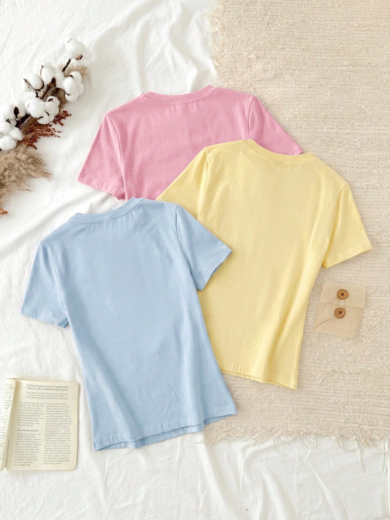 Tseoso 3pcs/Set Casual Simple 95% Cotton Women's Round Neck Fitted Long Short Sleeve T-Shirt Set