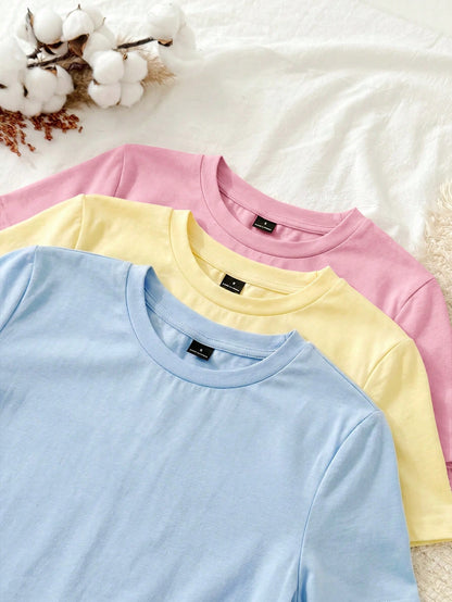 Tseoso 3pcs/Set Casual Simple 95% Cotton Women's Round Neck Fitted Long Short Sleeve T-Shirt Set