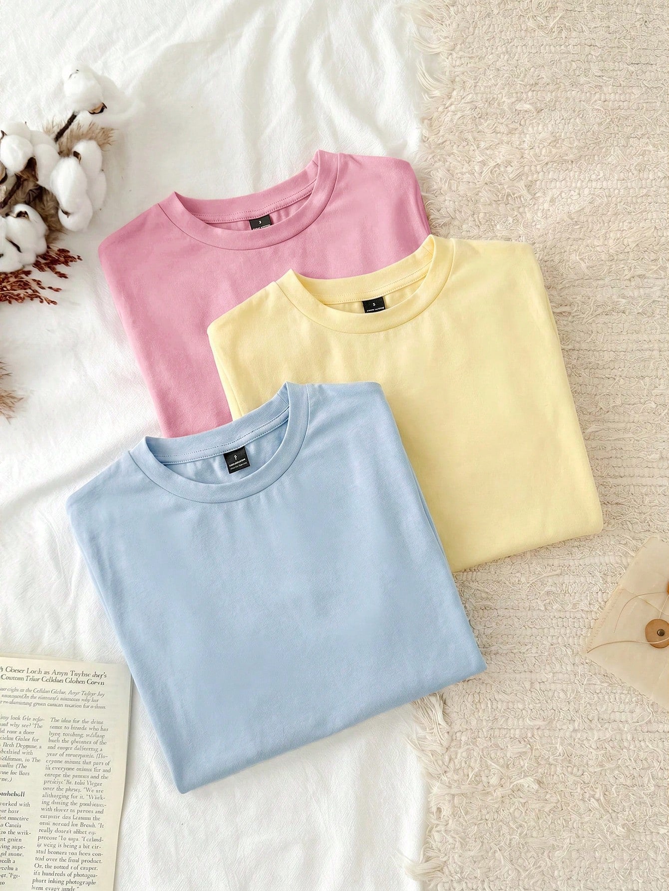 Tseoso 3pcs/Set Casual Simple 95% Cotton Women's Round Neck Fitted Long Short Sleeve T-Shirt Set