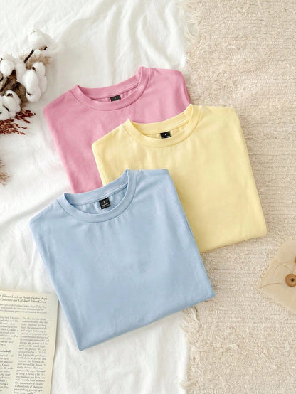Tseoso 3pcs/Set Casual Simple 95% Cotton Women's Round Neck Fitted Long Short Sleeve T-Shirt Set