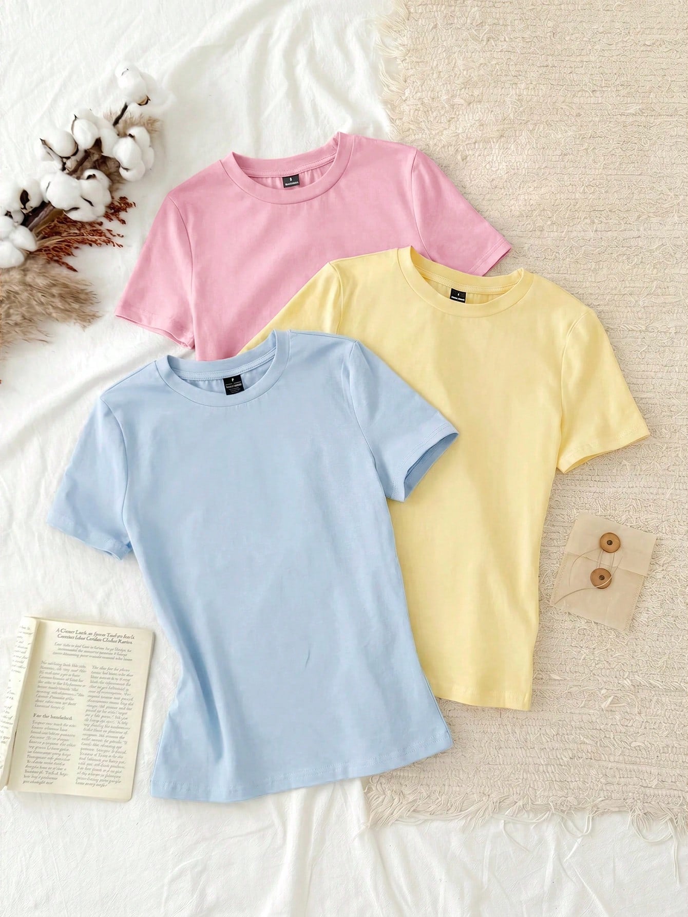 Tseoso 3pcs/Set Casual Simple 95% Cotton Women's Round Neck Fitted Long Short Sleeve T-Shirt Set